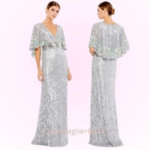 Mac Duggal | 5221 Sequined V Neck Floral Embellished Cape Sleeve Gown Size 4 NEW